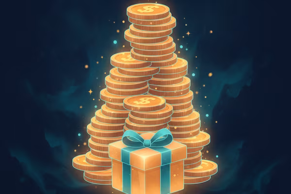 Stack of glowing golden coins with a gift box illustration