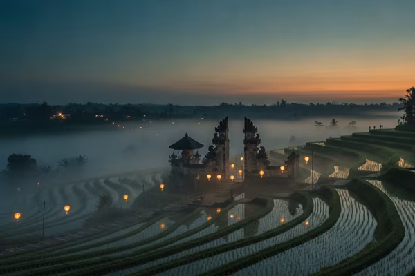 Bali rice terraces and temple at dusk