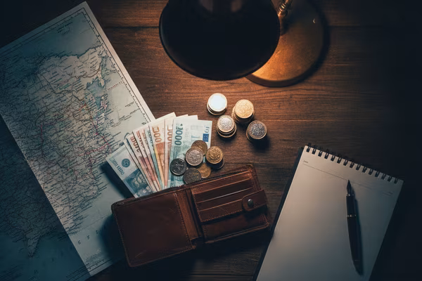 Travel budget planning with map, wallet and notebook