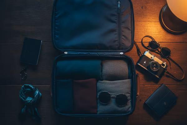 Open suitcase with travel essentials laid out