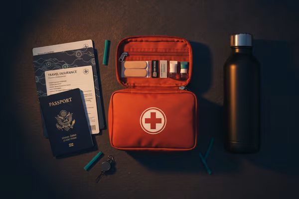 Travel safety kit with first aid and documents