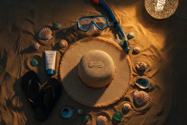 Beach holiday essentials on sand at dusk