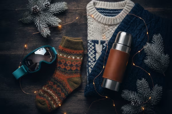 Winter travel gear with thermos and ski goggles