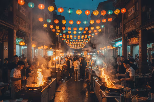 Glowing night street food market