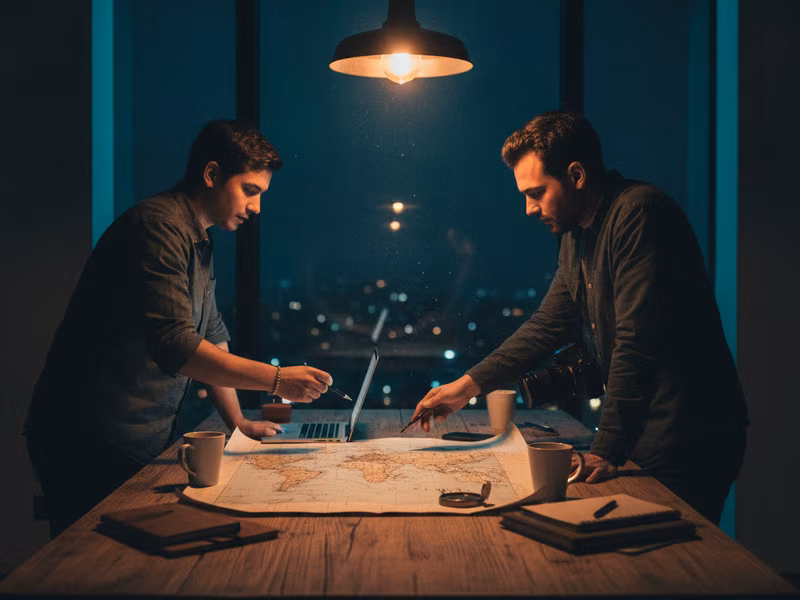 The DealioMap team planning routes over a world map in the evening