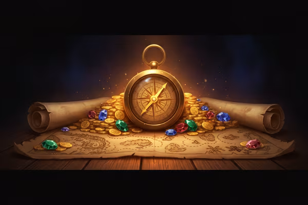 Golden Compass slot game cover with treasure map and coins