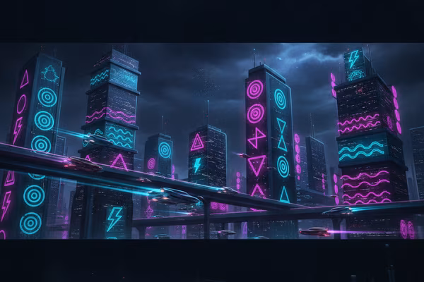 Neon City Run slot game cover with glowing skyscrapers