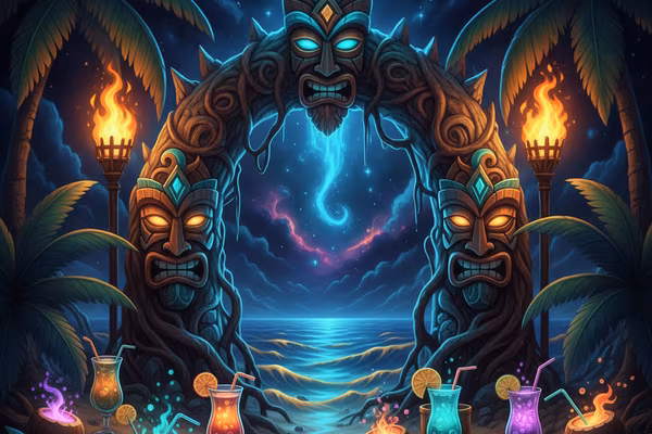 Tiki Beach Nights slot game cover with tiki masks and torches